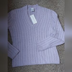 Nwts Evelyn Grace 2 Ply Cahmere Lilac V-Neck Cable Knit Sweater
